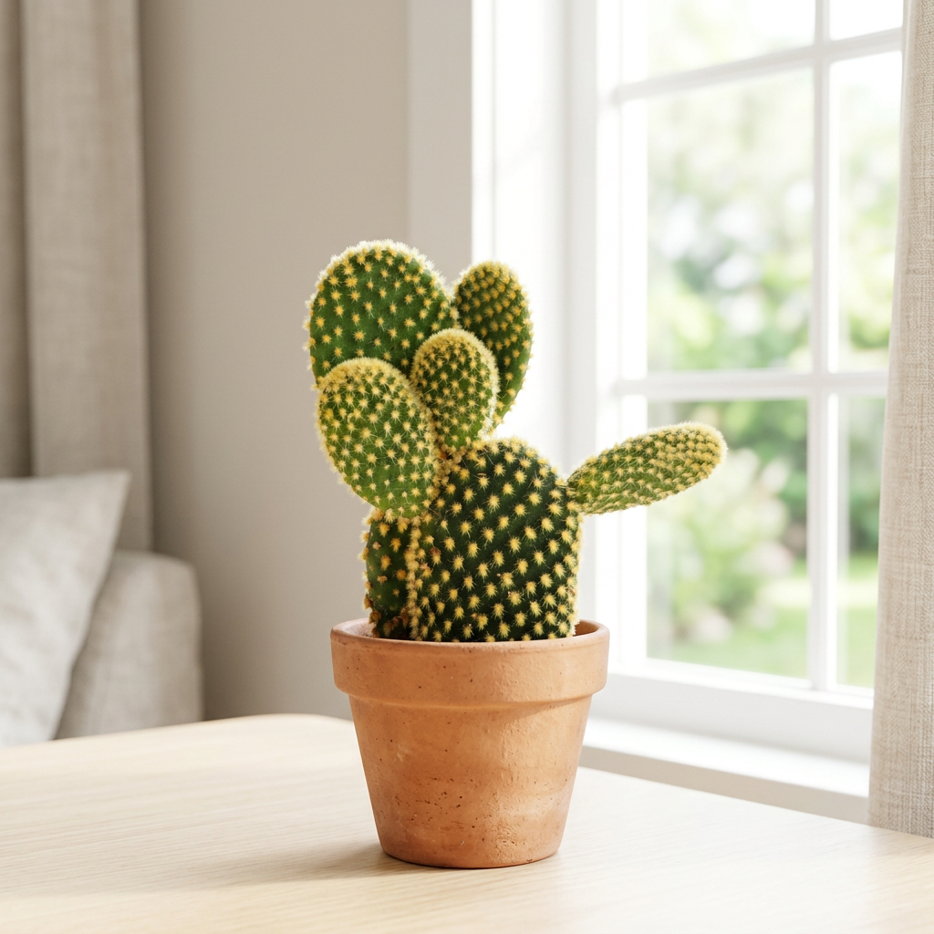 Bunny Ears cactus styled indoors beside a sunny window in a terracotta pot; decorative pot sold separately.