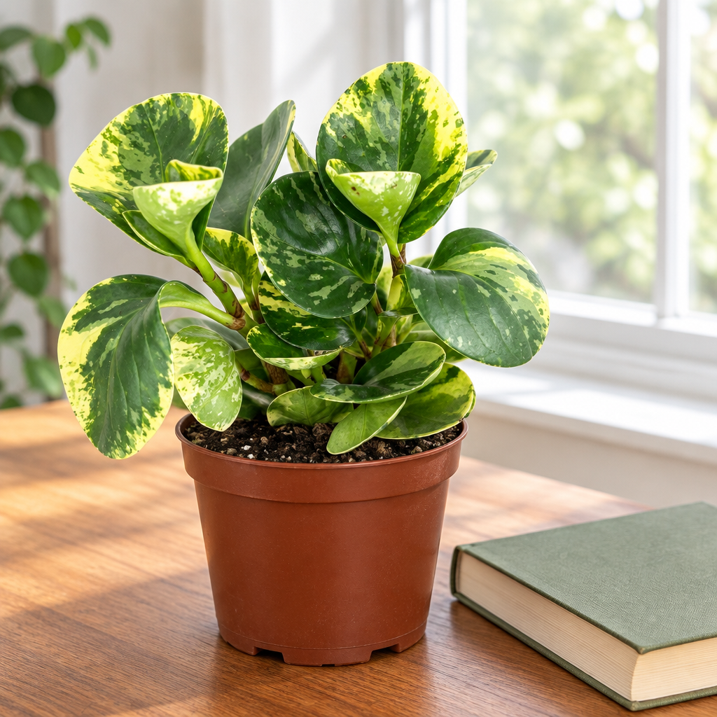 Peperomia Marble in brown nursery pot on a bright indoor tabletop