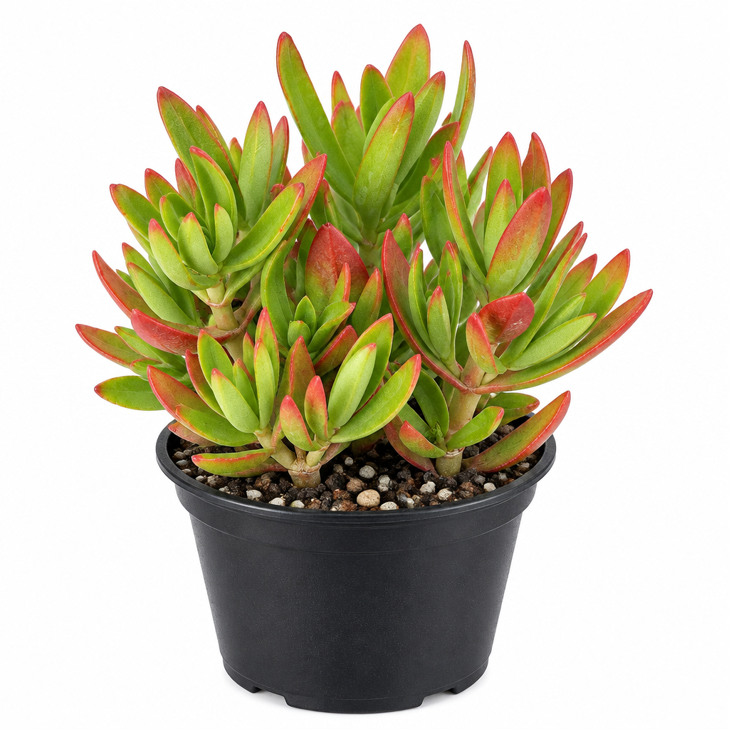Campfire Crassula with green and red-tipped leaves in black 4-inch grow pot on white