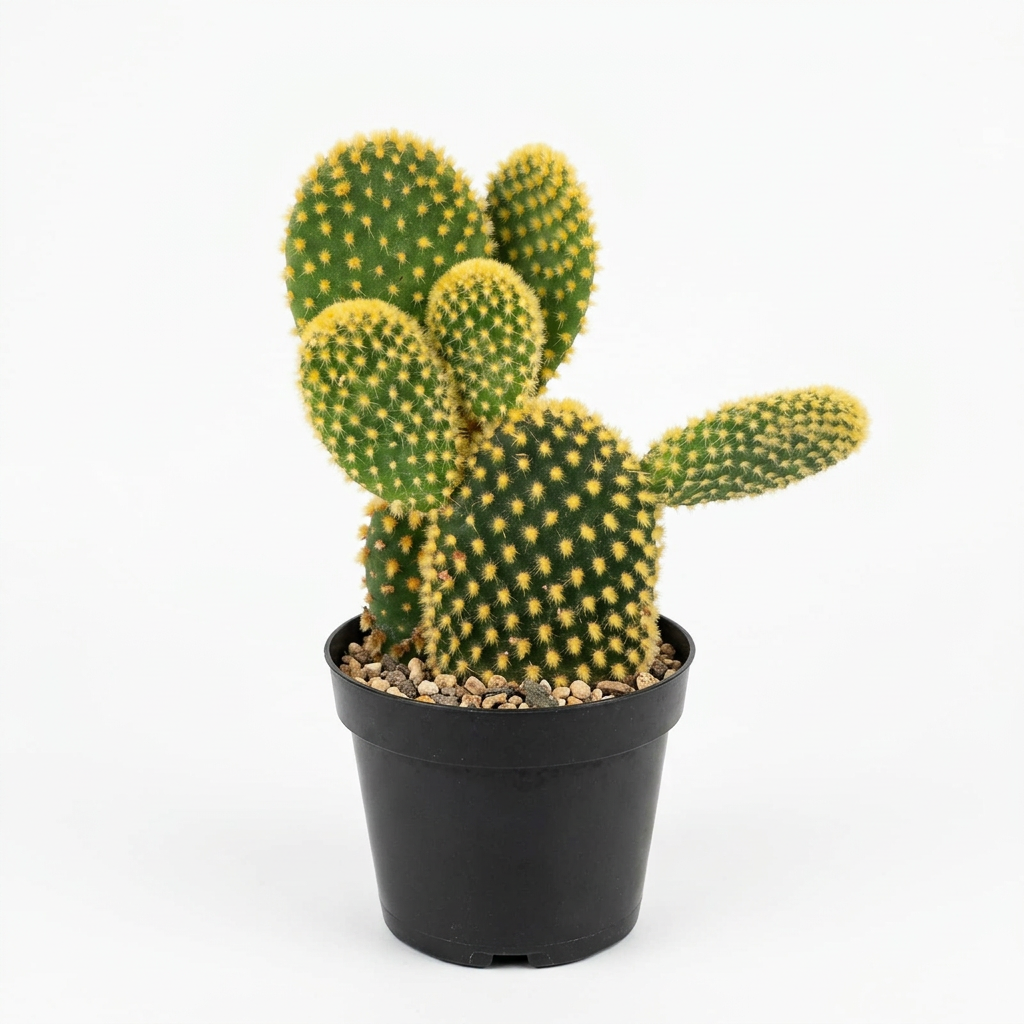 Bunny Ears cactus in a black nursery pot on a pure white background.