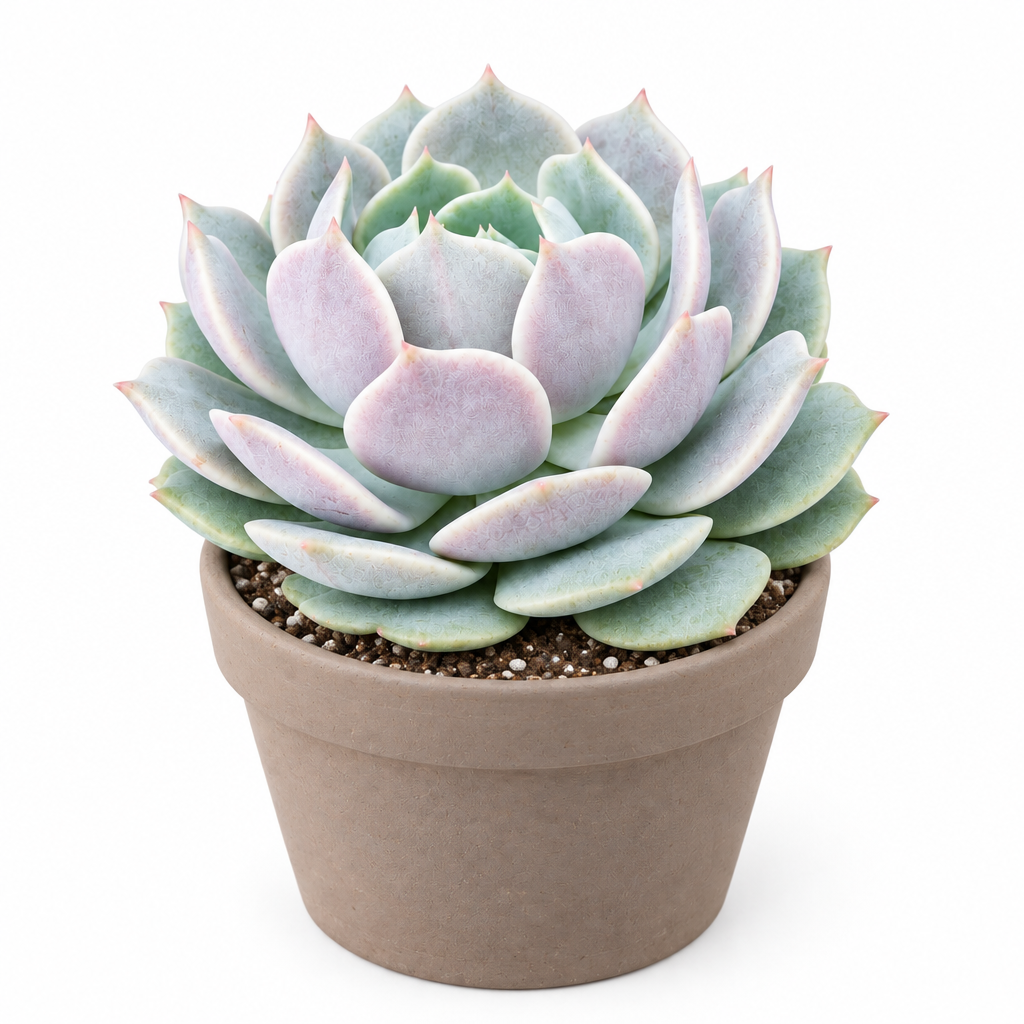 Echeveria Lola succulent directly planted in a taupe terracotta pot on a white background