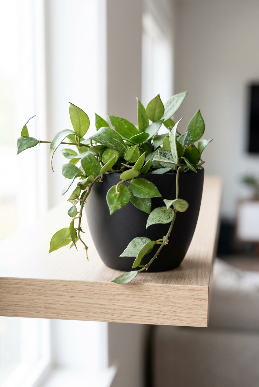 Hoya Eskimo trailing from a black BASEL planter on a wooden shelf by a bright indoor window; decorative planter sold separately.