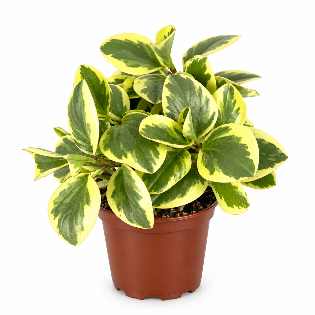 Peperomia Optian Bicolor with green and cream foliage in 4-inch nursery pot on white