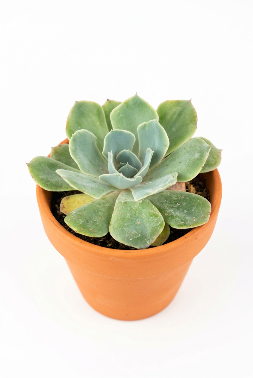 Echeveria glauca Blue Rose styled in a classic terracotta pot against white; decorative pot sold separately.