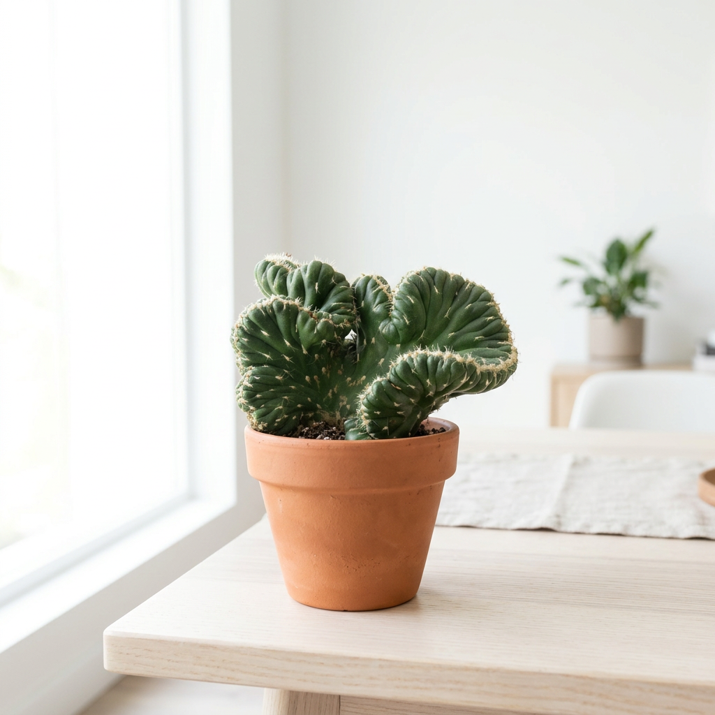 Emerald Idol crested cactus styled near a bright indoor window in a terracotta pot; decorative pot sold separately