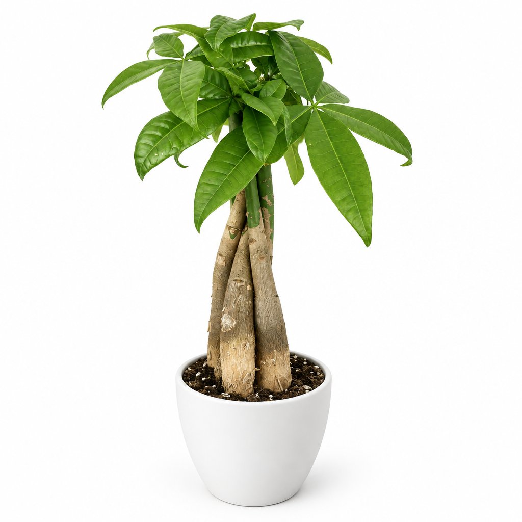 Money tree with subtly braided trunk styled in separately sold white Basel planter on white