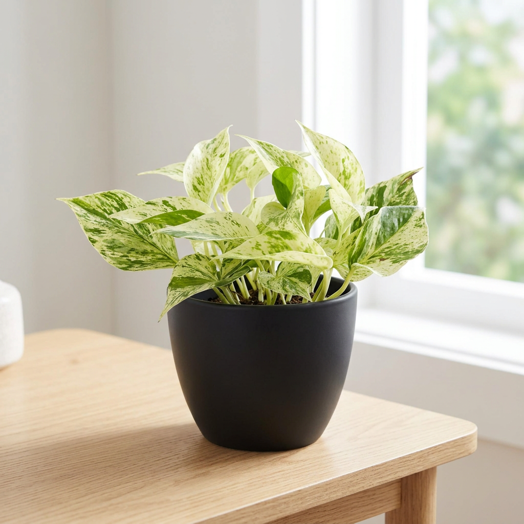 Snow Queen Pothos in a black BASEL planter on a wood table beside a bright window; decorative planter sold separately