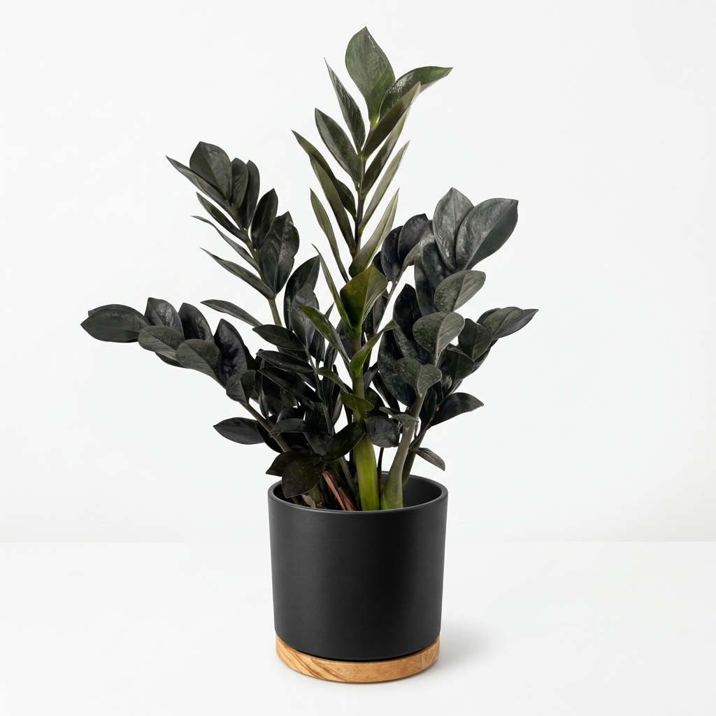 Raven ZZ plant styled in a black OSLO 6-inch planter with wood-grain base; decorative planter sold separately