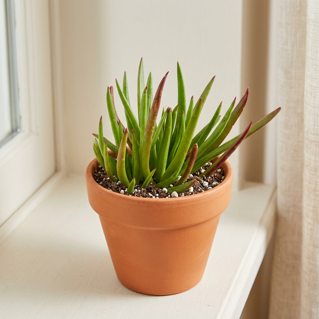 Crassula Devil’s Horns styled in a terracotta pot on a bright indoor windowsill; decorative pot sold separately