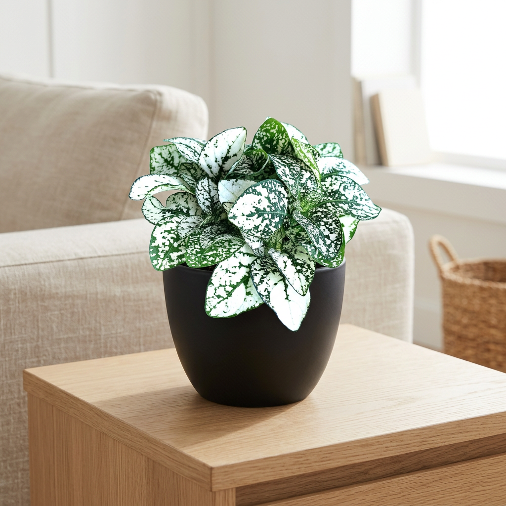 Hypoestes White Splash in a black BASEL 4.7-inch planter on a bright living-room side table; planter sold separately, plant ships in a 3.5-inch nursery grow pot, furnishings not included