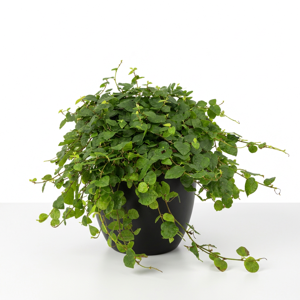 Creeping Fig with small green leaves and trailing vines styled in a black BASEL 6-inch planter; decorative planter sold separately, plant ships in a 6-inch hanging nursery pot