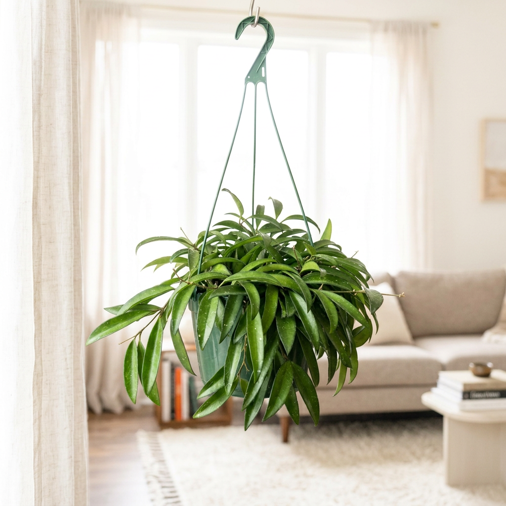 Green Hoya Wayetii hanging near a bright indoor window in its nursery pot