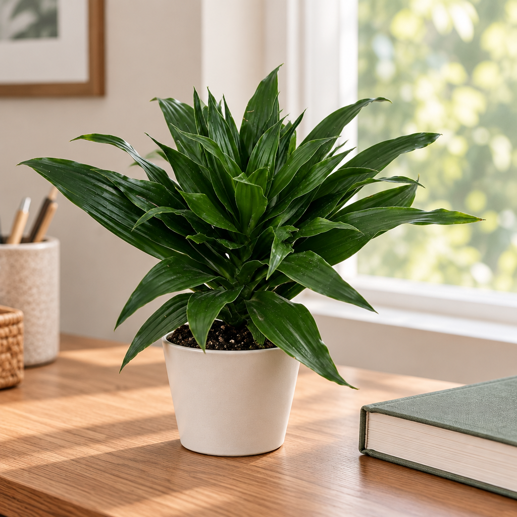 Compact dark green Dracaena Craigii Compacta styled on indoor desk in white pot