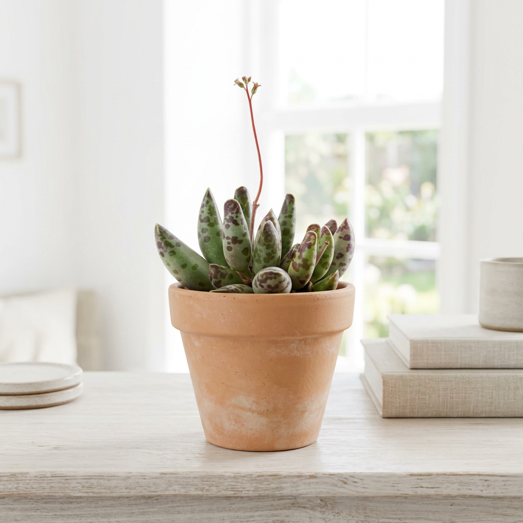 Plover Eggs succulent styled by a bright indoor window in a terracotta pot; decorative pot sold separately