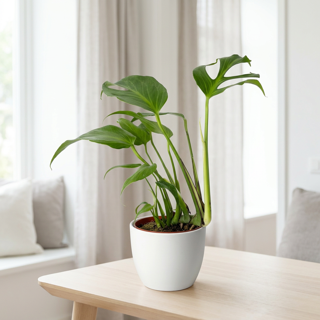 Monstera Burle Marx Flame styled near an indoor window in a white BASEL planter; decorative planter sold separately