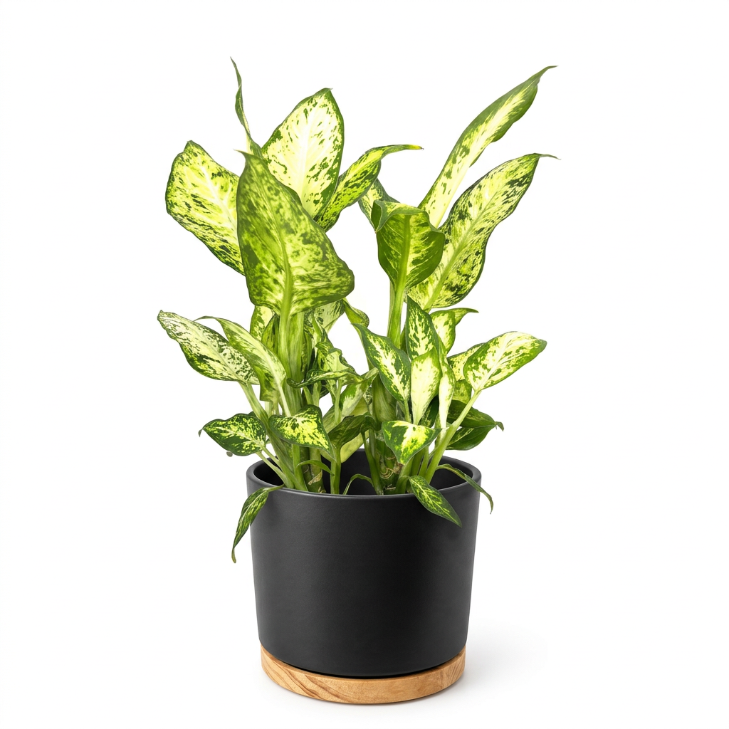 Dieffenbachia Amy styled in a black OSLO planter against a white background; decorative planter sold separately