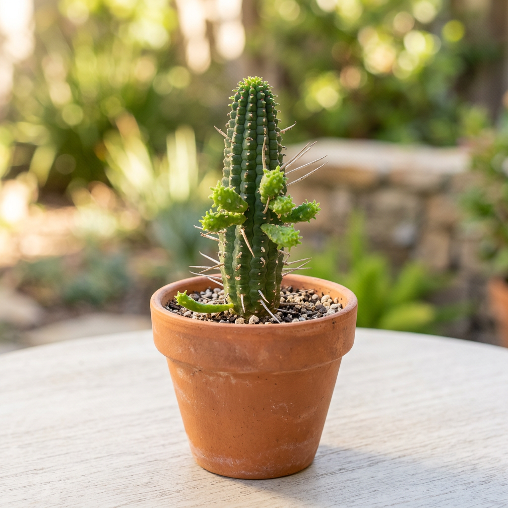 Corn Cob Euphorbia styled in terracotta on a sheltered patio; decorative pot sold separately.