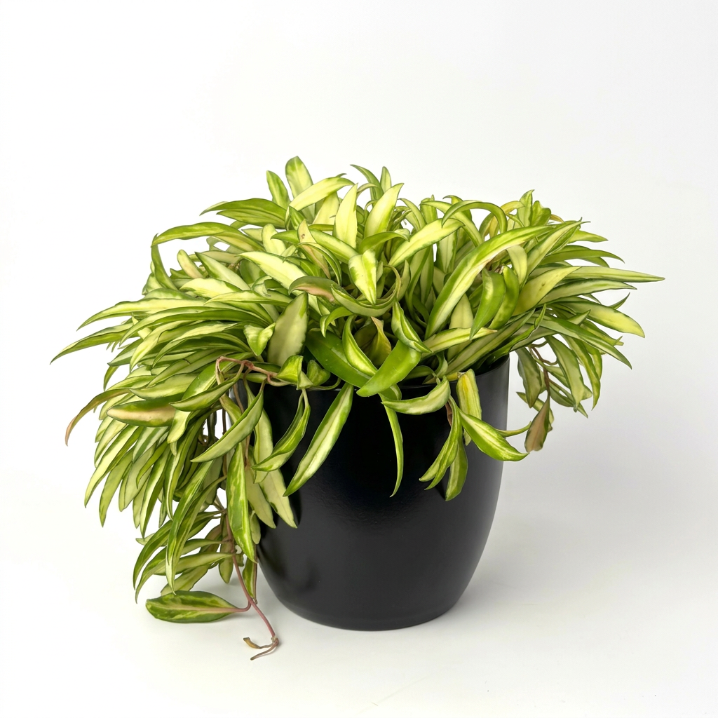 Variegated Hoya Wayetii styled in a black BASEL 6-inch decorative planter on white; planter sold separately.