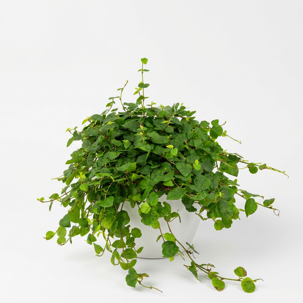 Creeping Fig with small green leaves and trailing vines styled in a white BASEL 6-inch planter; decorative planter sold separately, plant ships in a 6-inch hanging nursery pot