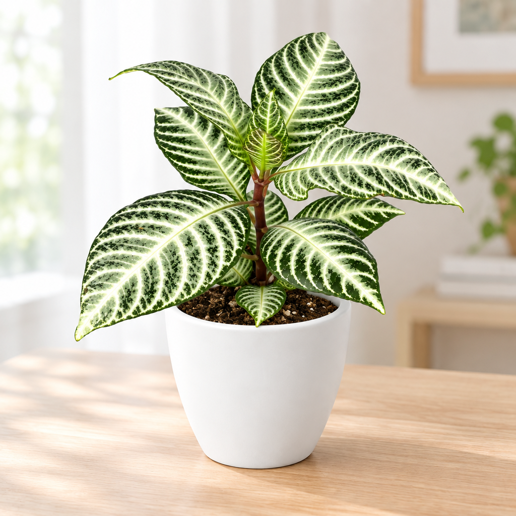 Zebra Snowflake Aphelandra styled with white Basel 4.7-inch planter; planter sold separately