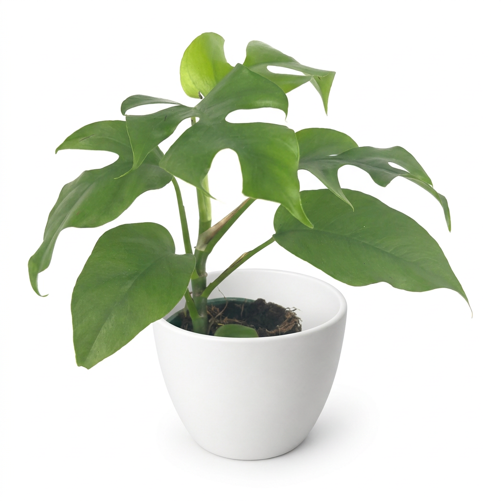 Mini Monstera styled in a white 4.7-inch BASEL planter on a white background; decorative planter sold separately