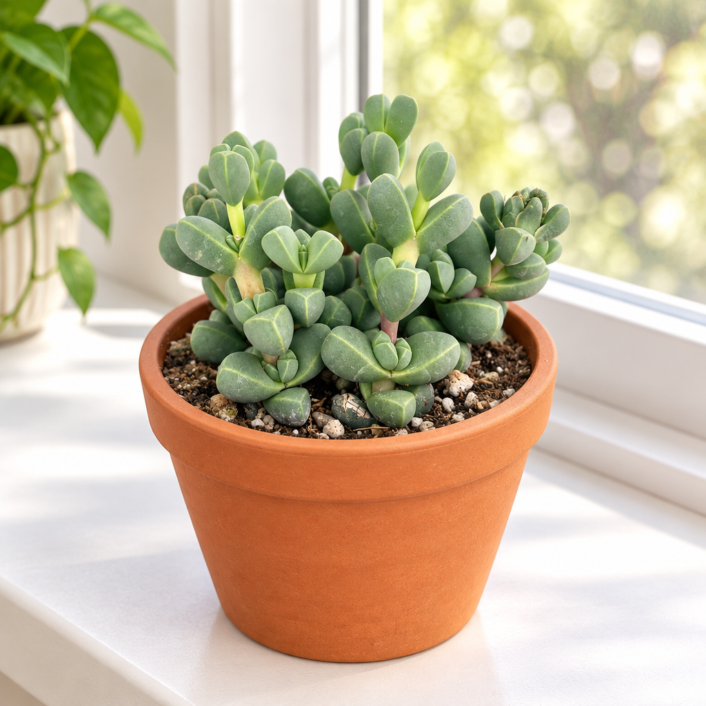Corpuscularia lehmannii in terracotta pot on bright indoor windowsill; pot not included
