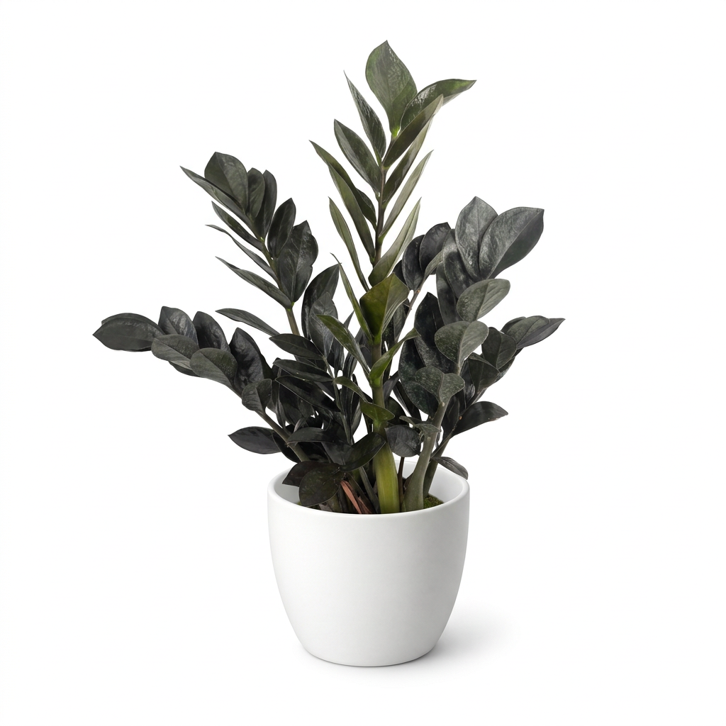 Raven ZZ plant styled in a white BASEL 6-inch planter on a white background; decorative planter sold separately