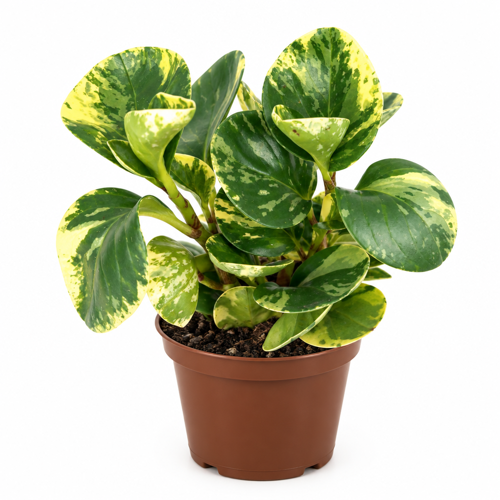 Peperomia Marble with green and cream leaves in 4-inch nursery pot on white