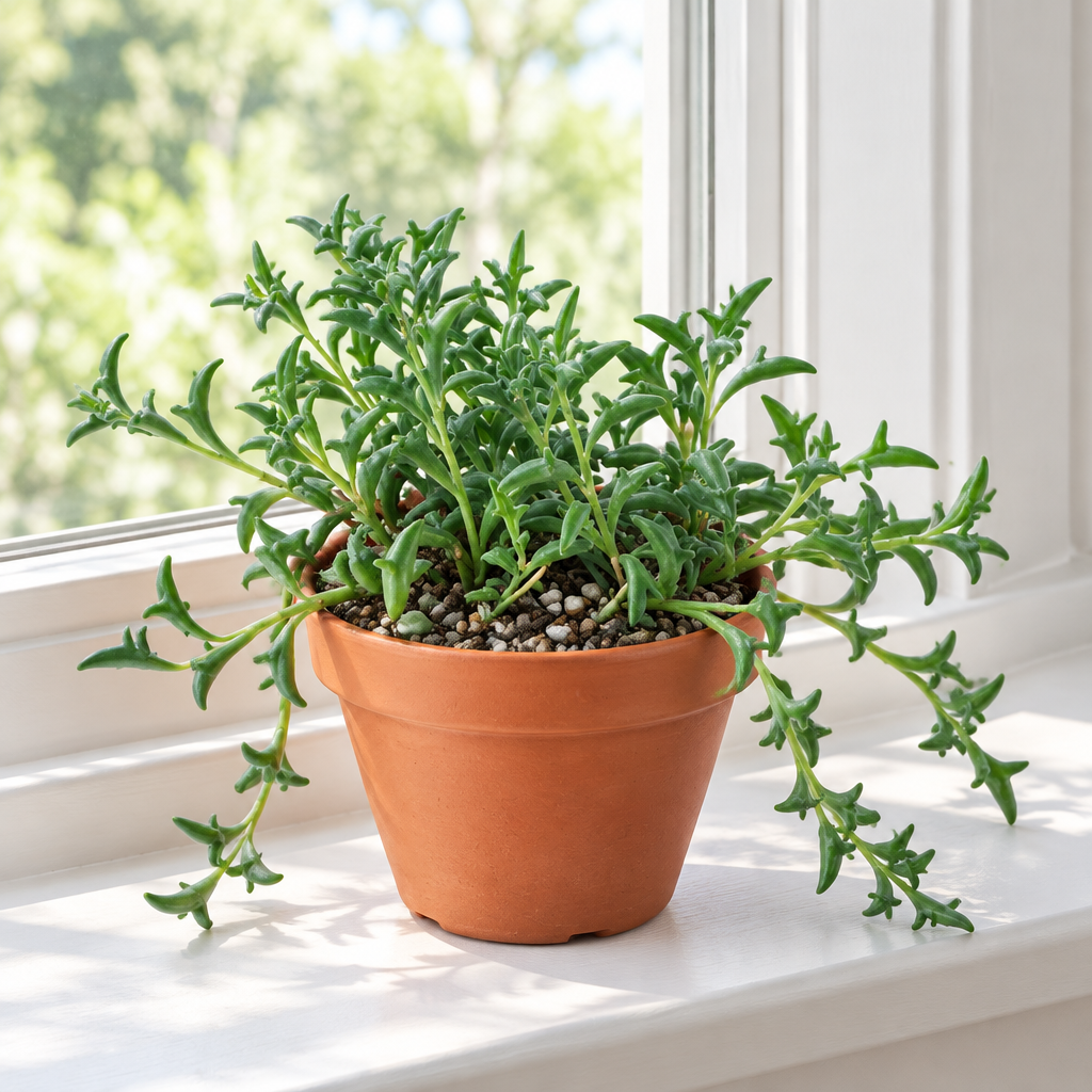 String of Dolphins succulent in decorative terracotta pot on indoor windowsill; pot not included