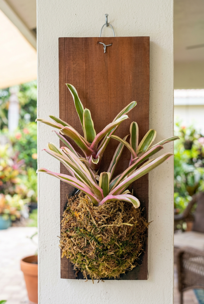 Mounted Neoregelia Donger on a sheltered patio wall; wood plank and wire included, wall hardware not included.