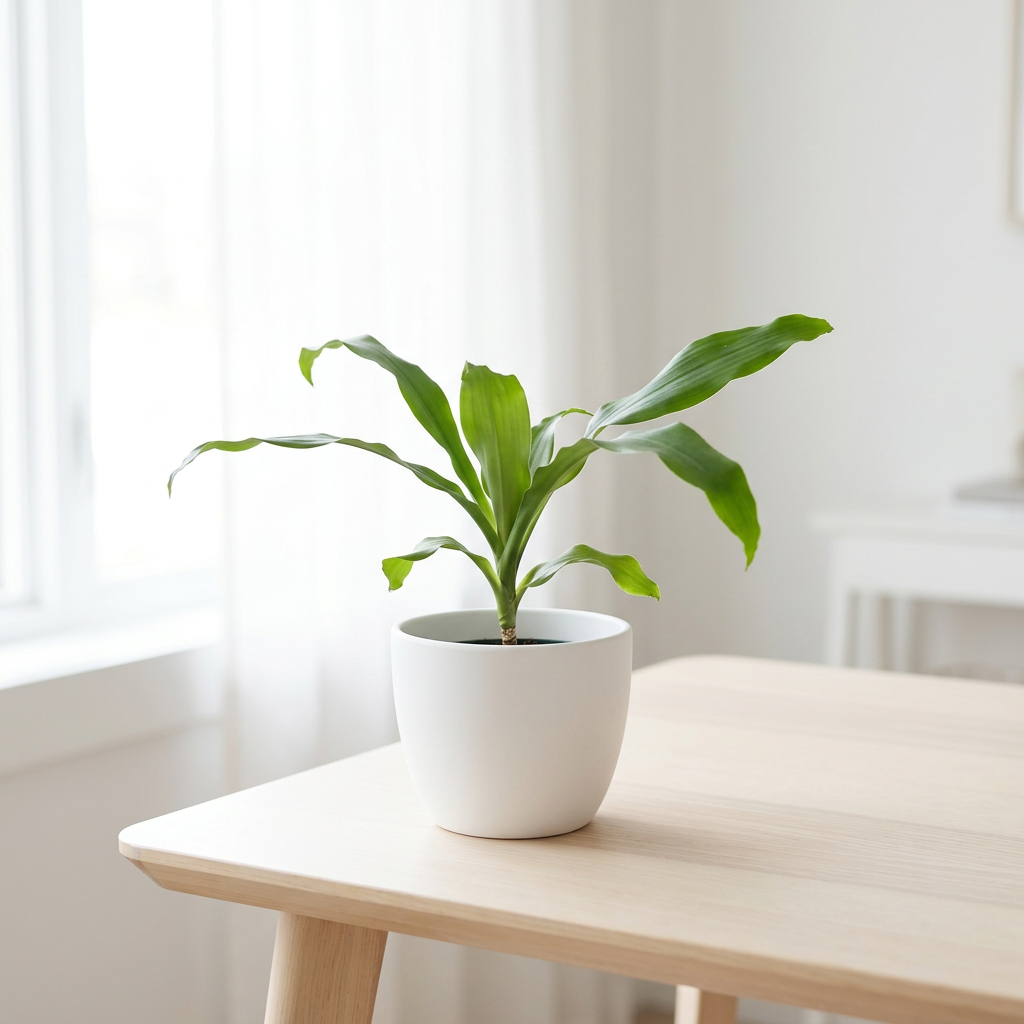 Dracaena Dhara Singh styled near a bright indoor window in a white BASEL planter; decorative planter sold separately