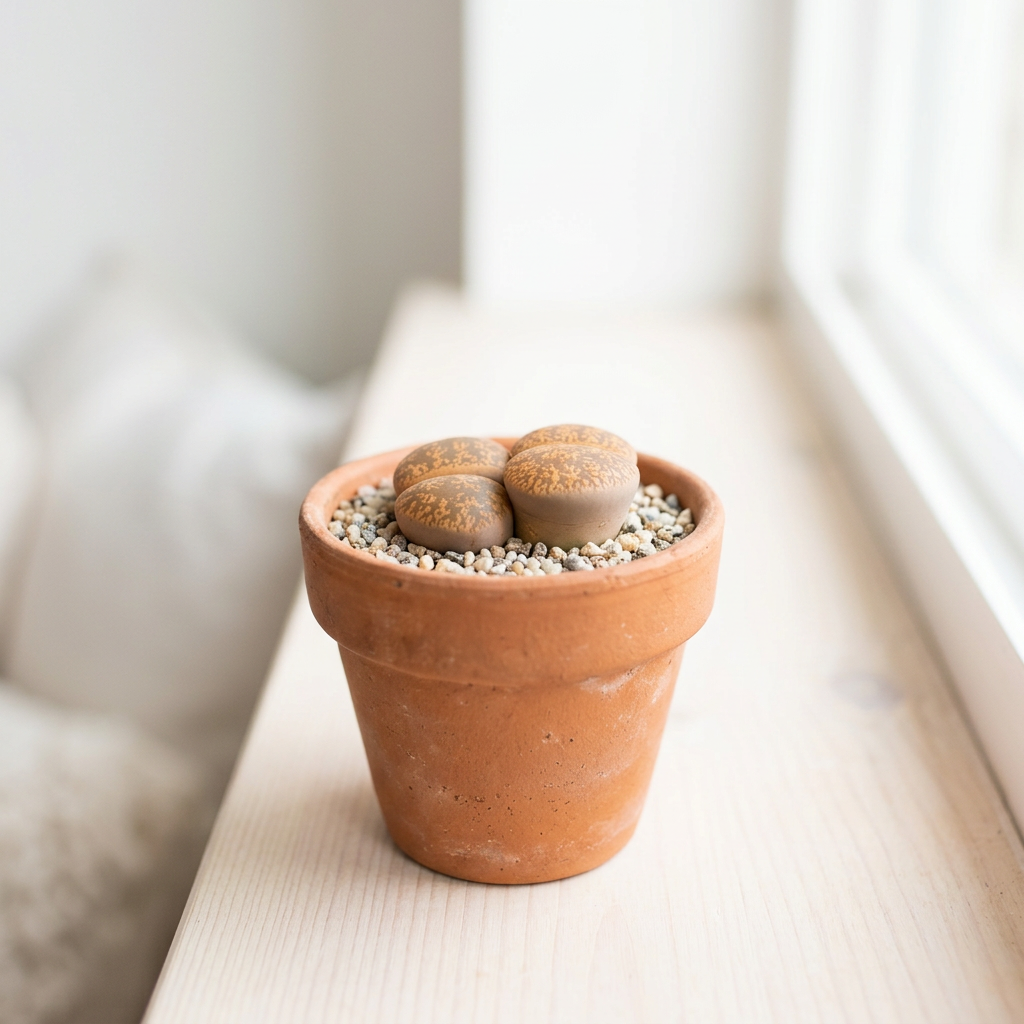 Lithops lesliei living stones on a bright indoor windowsill in terracotta; pot sold separately