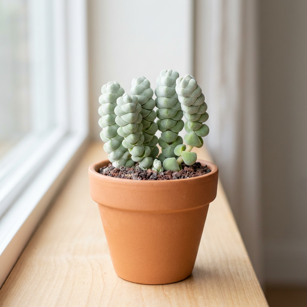 Crassula plegmatoides styled in a terracotta pot in a bright indoor setting; decorative pot and styling accessories sold separately