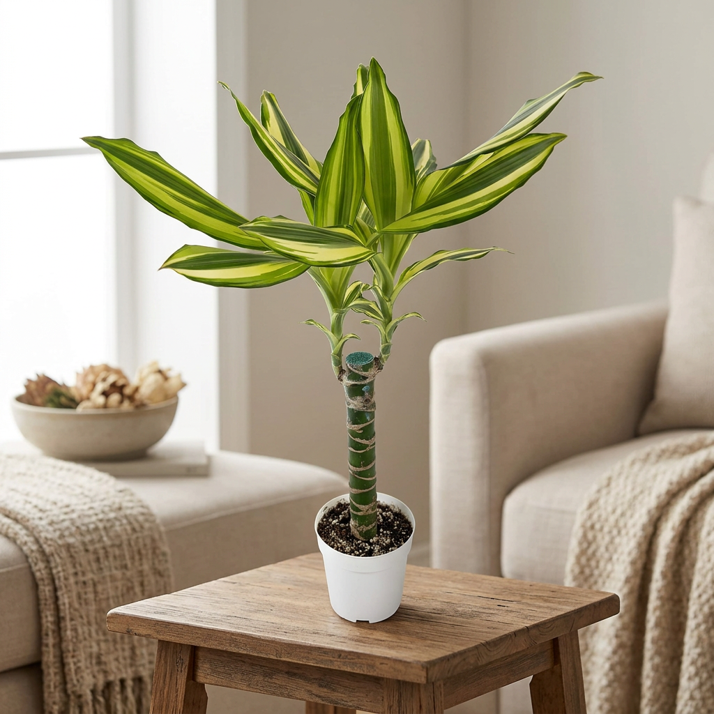 Young Dracaena Sol Cane in its white 4-inch nursery grow pot on a wooden living-room side table; furnishings are not included