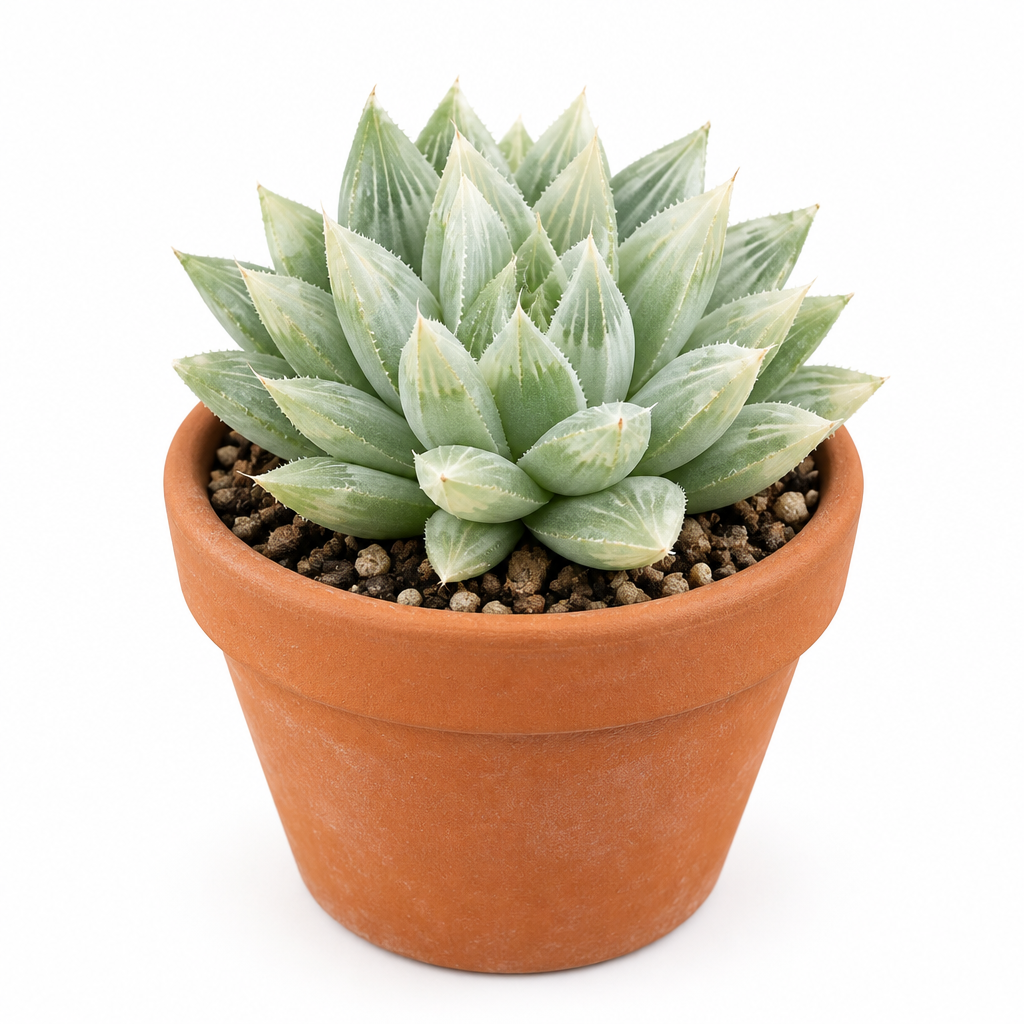 White Ghost Haworthia cluster planted directly in a warm terracotta pot on a white background