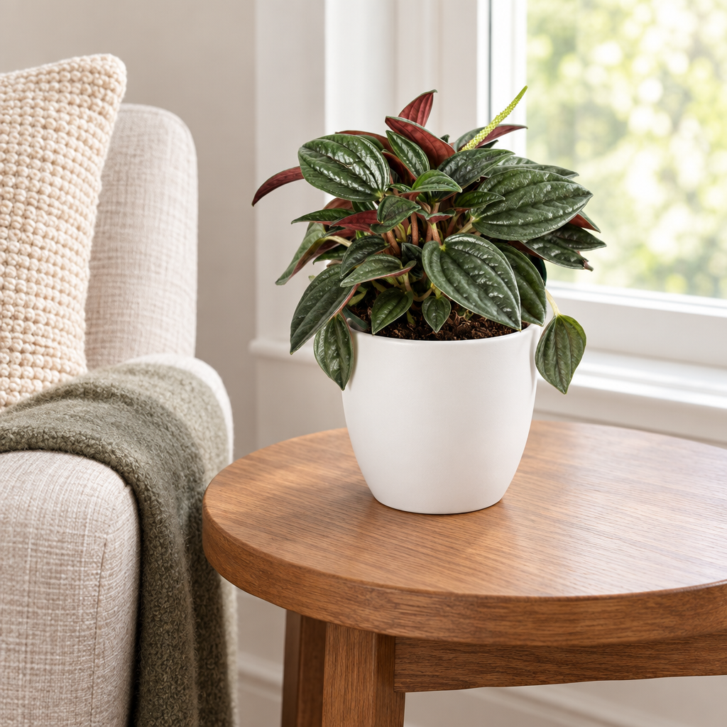 Peperomia Rosso styled in separately sold white Basel planter on living room side table