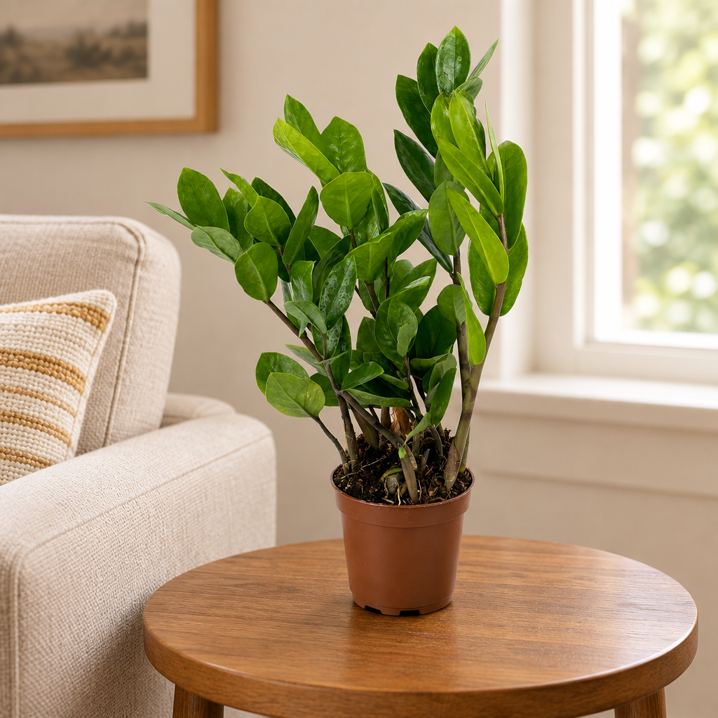 ZZ Plant in its brown nursery grow pot on a living room side table by a window