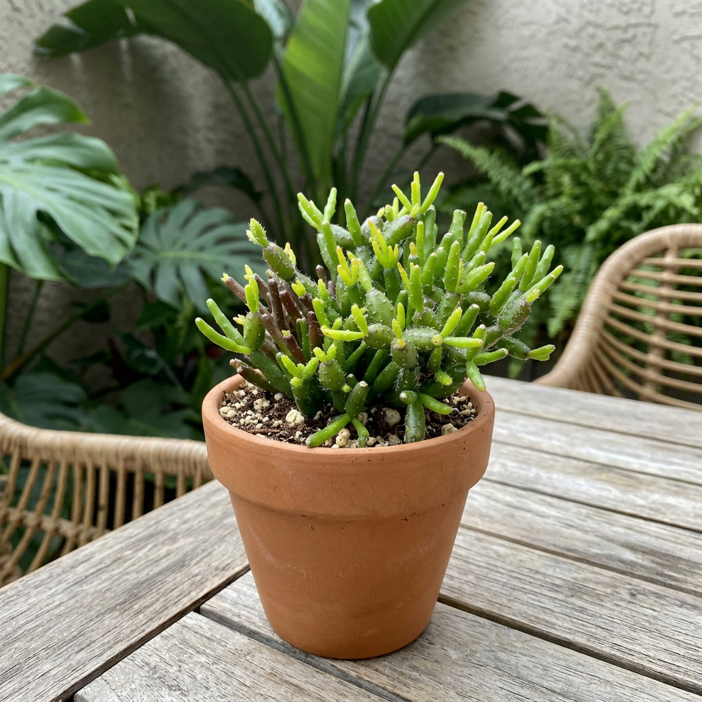 Dancing Bones Cactus styled in a terracotta pot on a shaded patio table; decorative pot not included