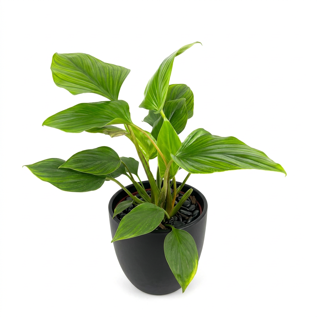 Homalomena Queen of Hearts styled in a black BASEL planter on a white background; decorative planter sold separately