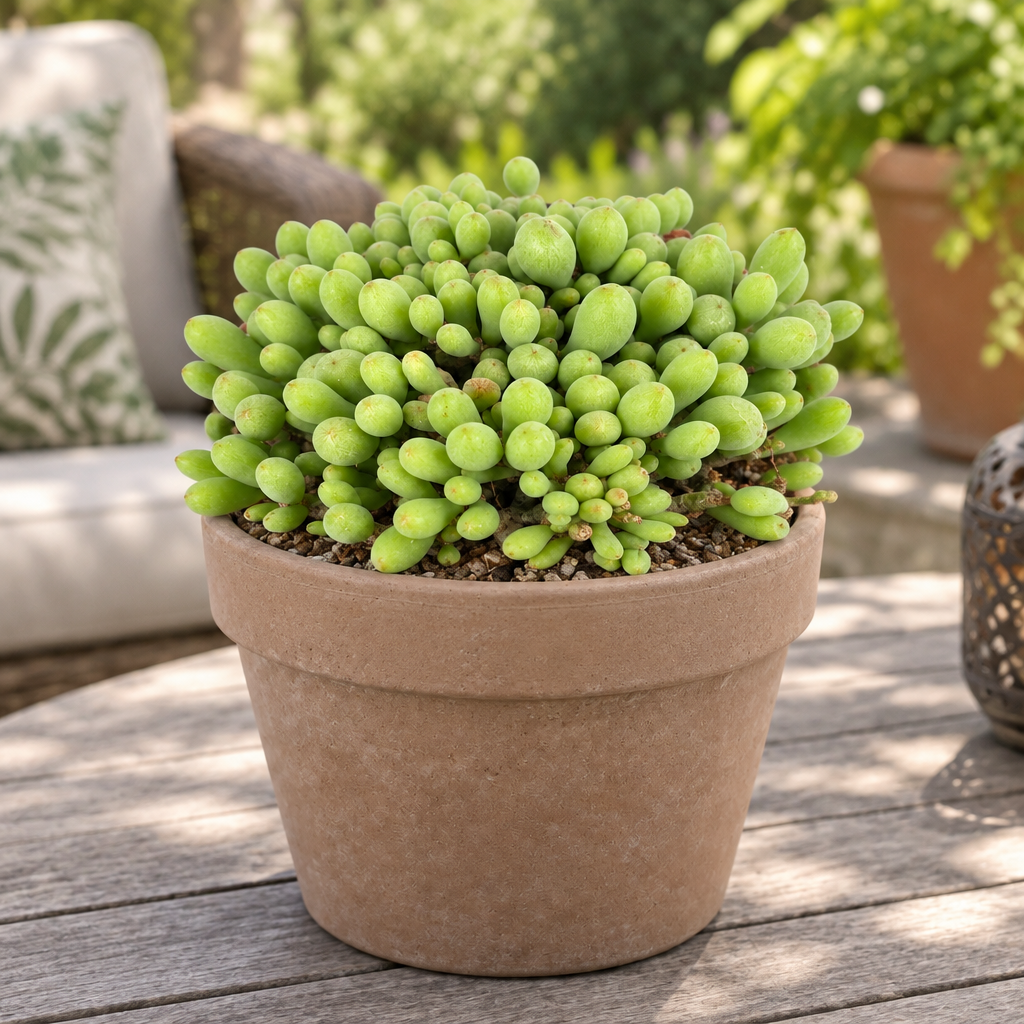 Compact Dragon Egg succulent in a taupe terracotta pot on a shaded patio table
