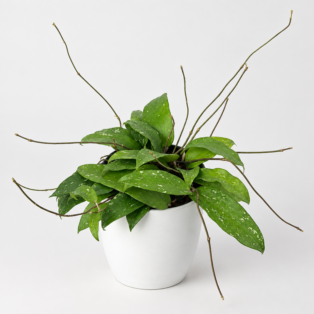 Hoya rigida with green speckled leaves and long vines styled in a white 6-inch Basel pot