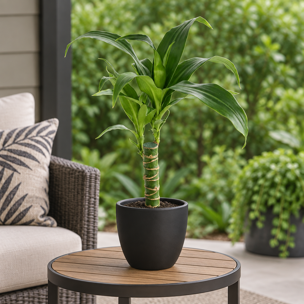 Dracaena Black Beauty Cane styled on a shaded patio in a black BASEL planter; planter sold separately
