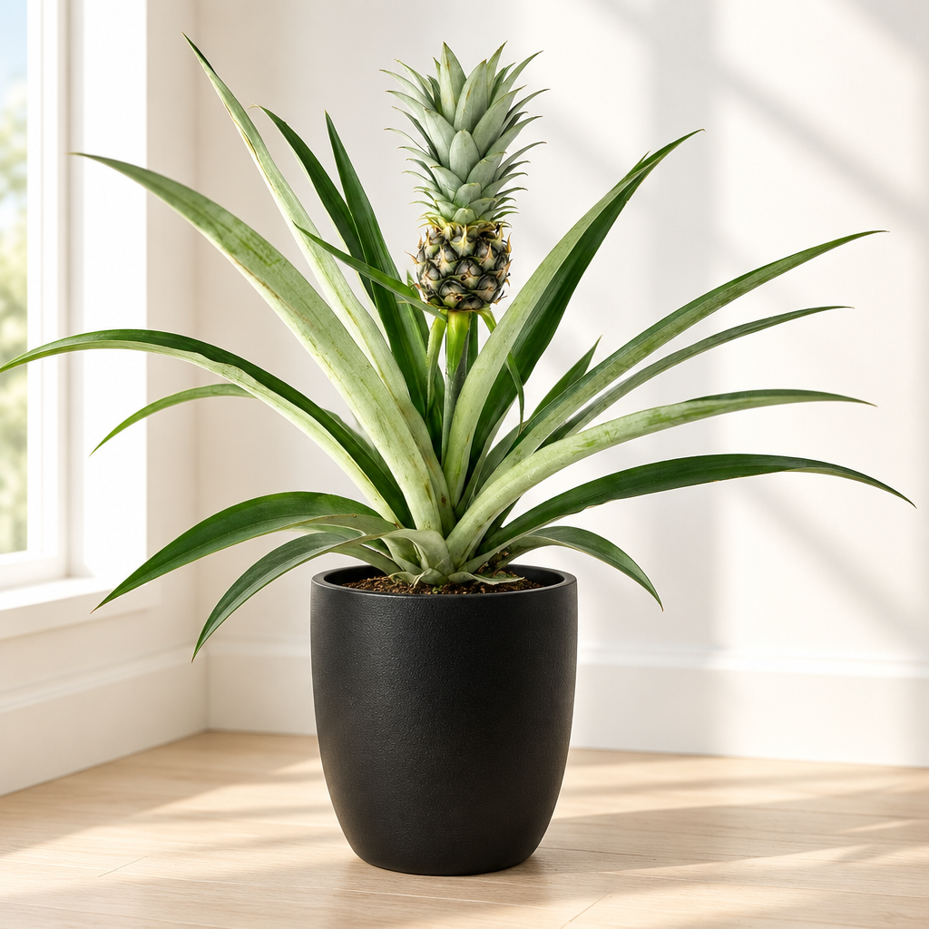 Black Basel 6-inch planter styled with a pineapple plant indoors; plant sold separately