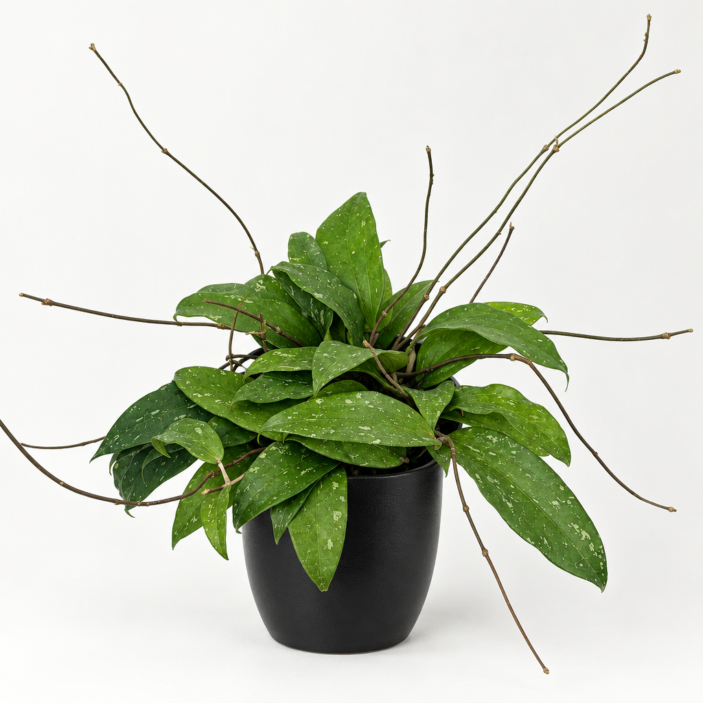 Hoya rigida with green speckled leaves and long vines styled in a black 6-inch Basel pot