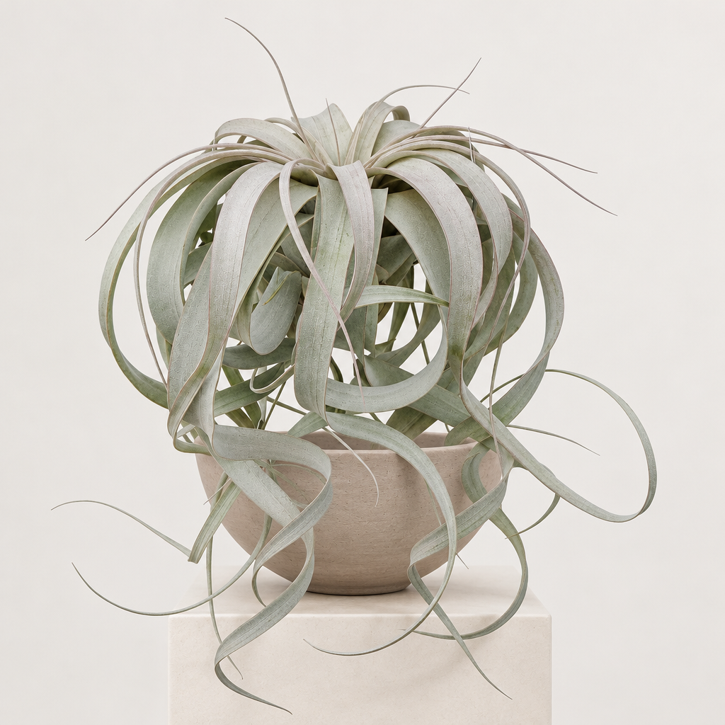 XL Tillandsia Xerographica displayed in a pale taupe terracotta bowl; bowl not included