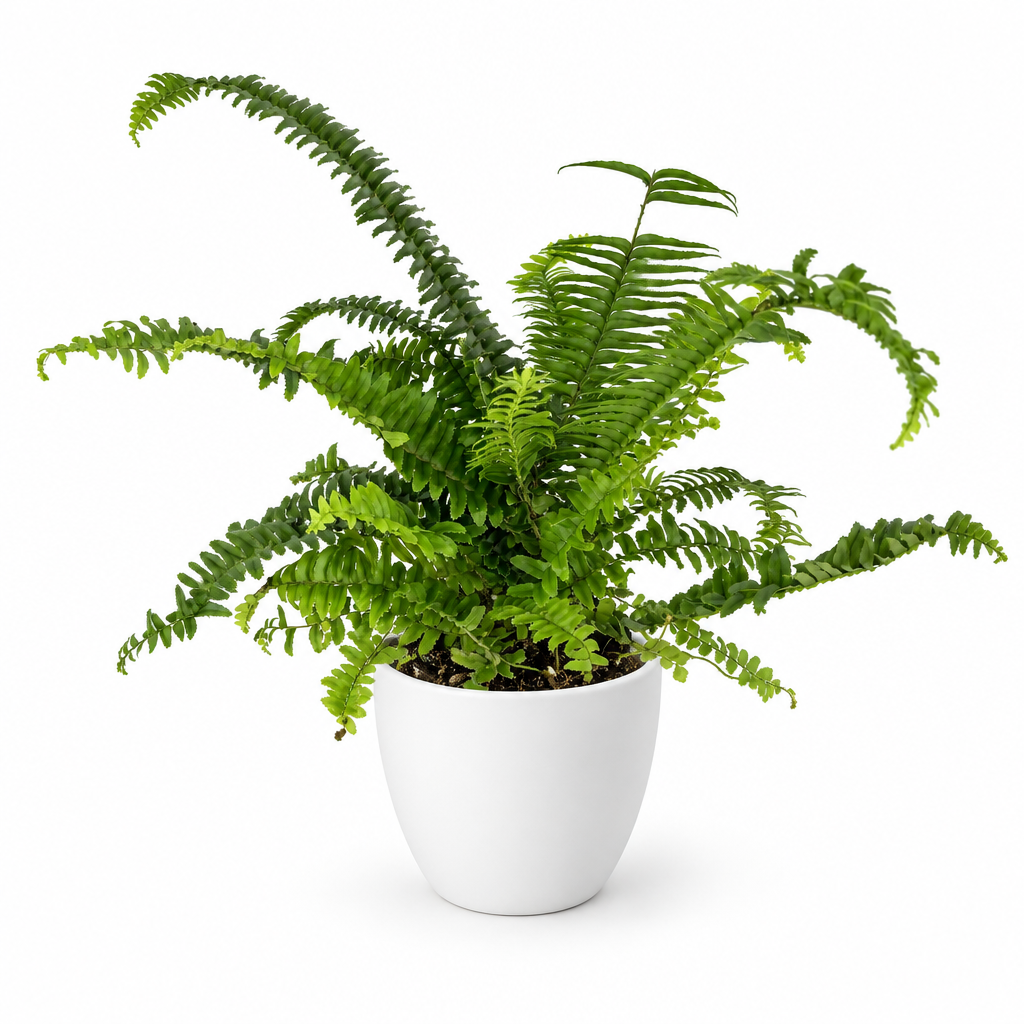 Jester Crown fern styled in separately sold white Basel planter on white