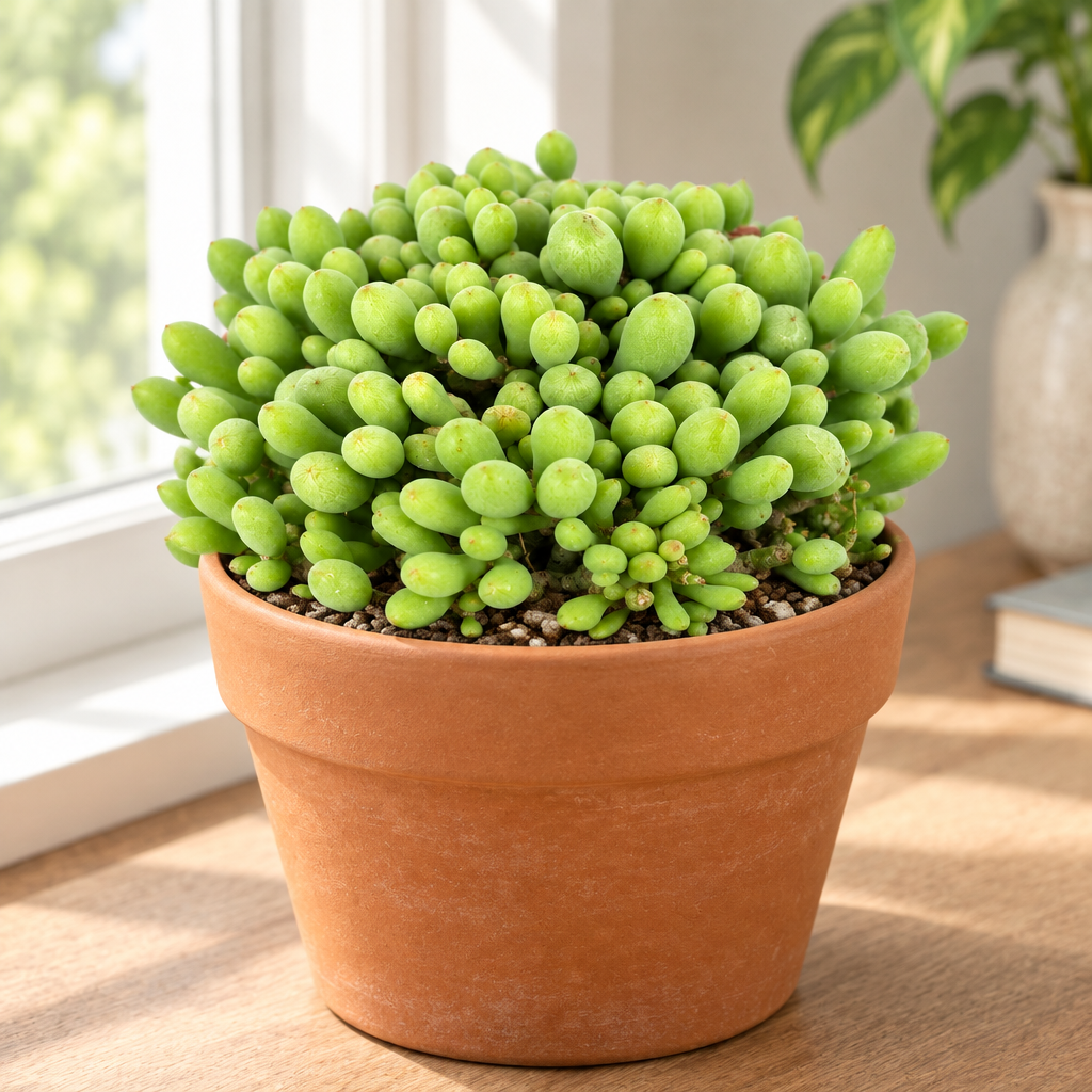 Compact Dragon Egg succulent in a warm terracotta pot by a bright indoor window