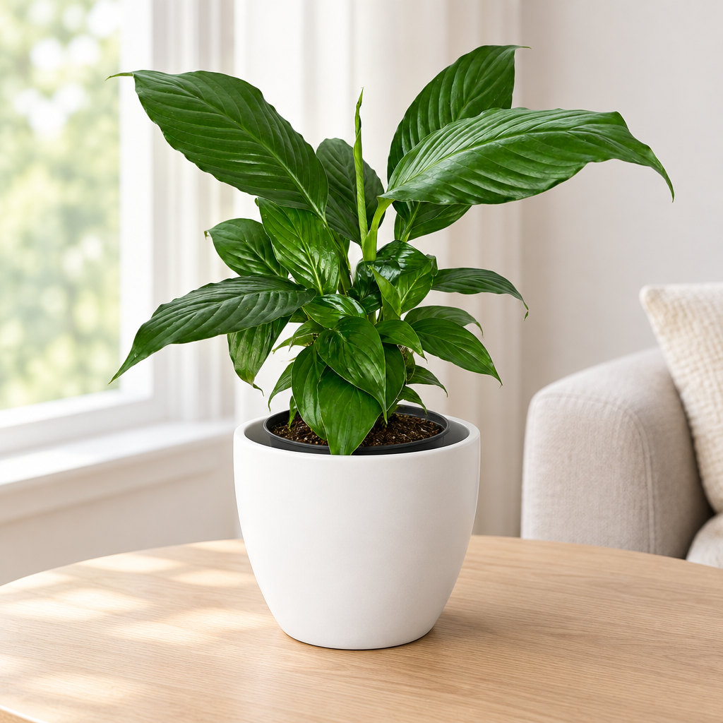 Peace Lily styled in a white Basel 4.7-inch planter indoors; decorative planter sold separately