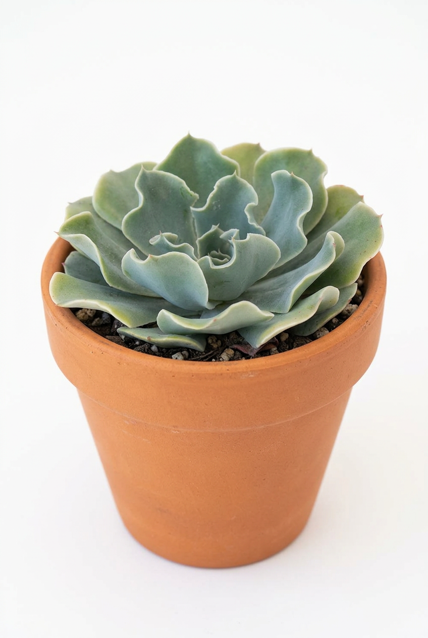 4-inch Blue Rose Echeveria styled in classic terracotta on white; decorative pot sold separately.