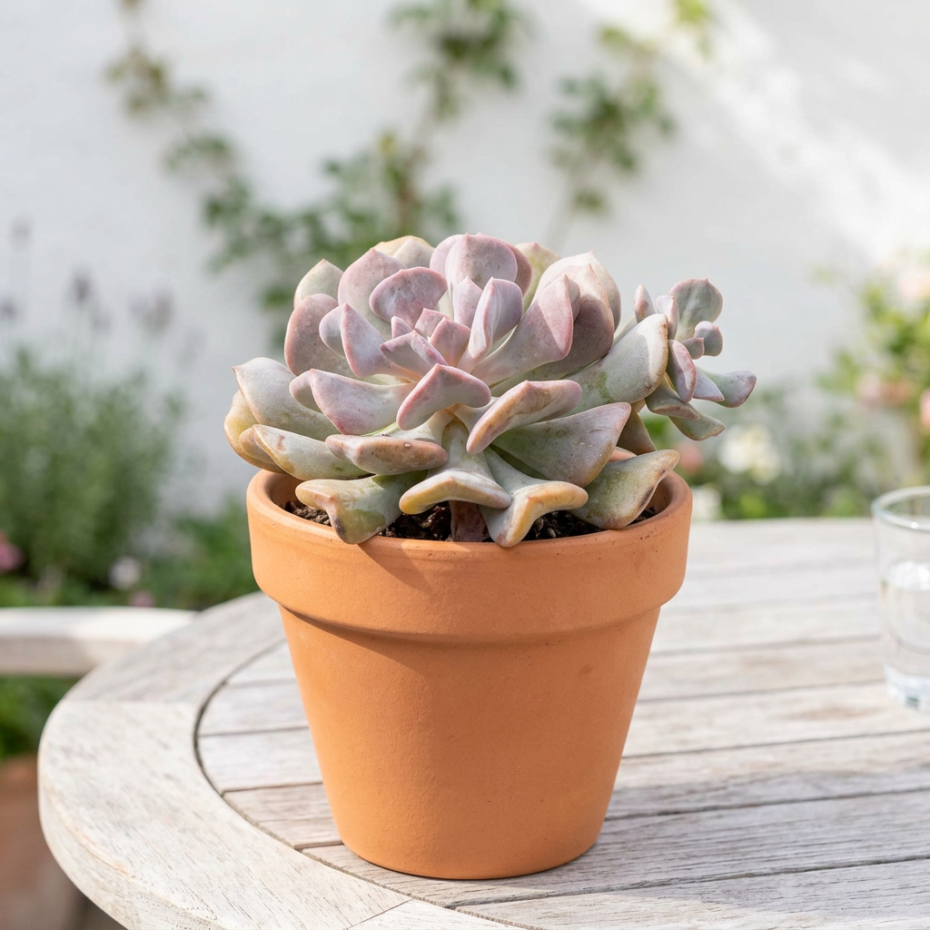 Echeveria Cubic Frost styled on a bright outdoor patio in a terracotta pot; decorative pot sold separately